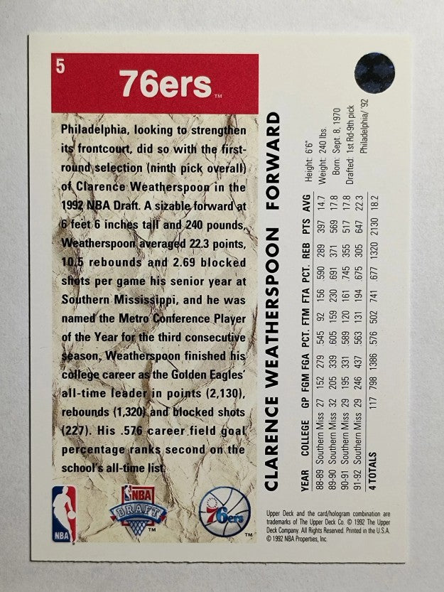 1992-93 Upper Deck #5 Clarence Weatherspoon RC