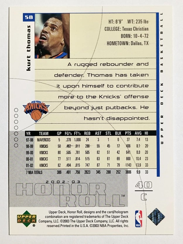 2002-03 Upper Deck Honor Roll #58 Kurt Thomas
