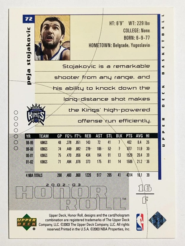 2002-03 Upper Deck Honor Roll #72 Peja Stojakovic