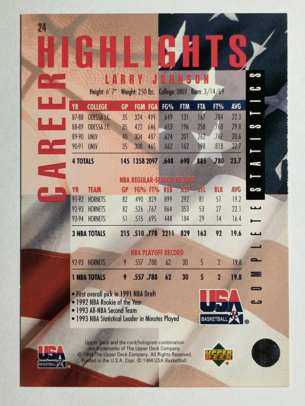 1994 Upper Deck USA #24 Larry Johnson/Career Statistics
