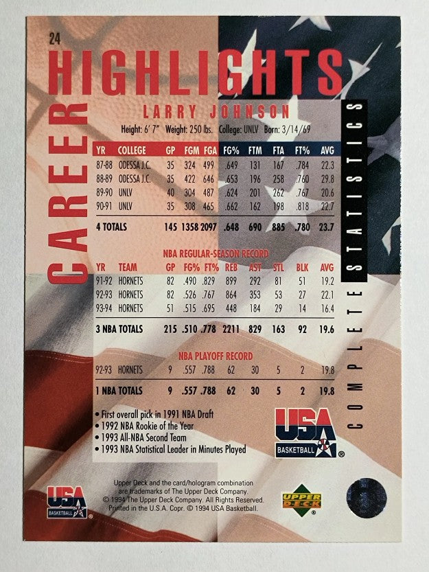 1994 Upper Deck USA #24 Larry Johnson/Career Statistics