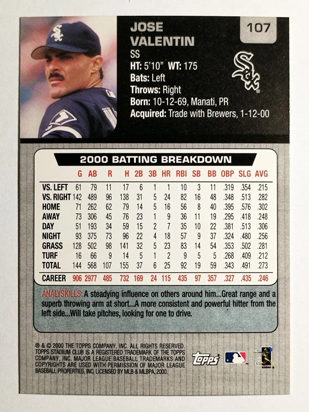 2001 Stadium Club #107 Jose Valentin