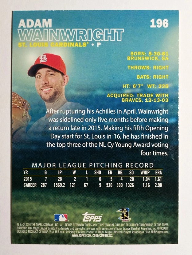 2016 Stadium Club #196 Adam Wainwright