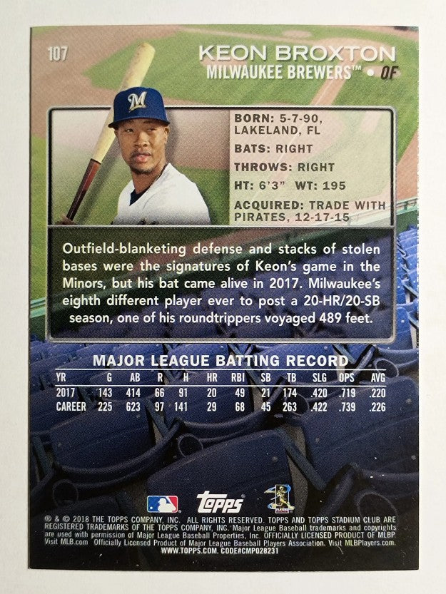2018 Stadium Club #107 Keon Broxton