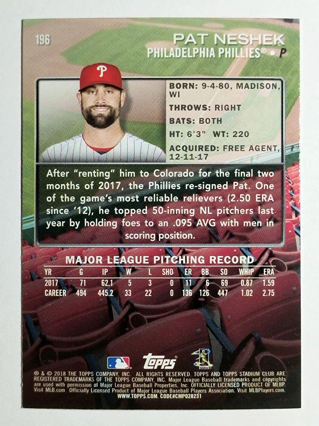 2018 Stadium Club #196 Pat Neshek