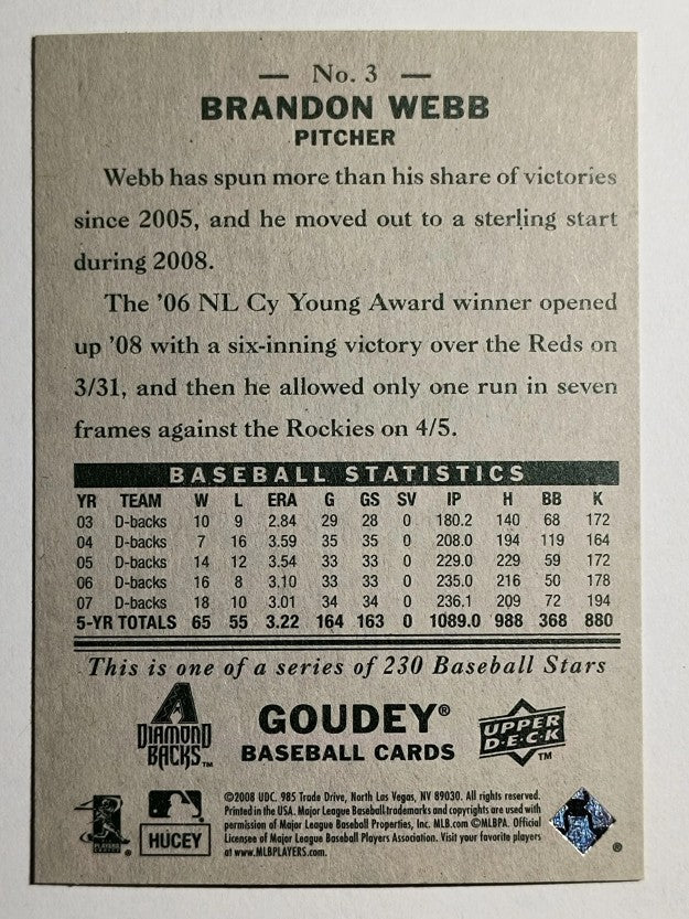 2008 Upper Deck Goudey #3 Brandon Webb
