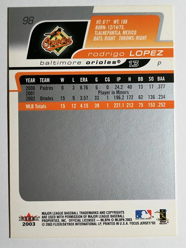 2003 Fleer Focus JE #98 Rodrigo Lopez