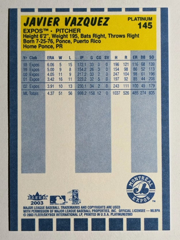 2003 Fleer Platinum #145 Javier Vazquez