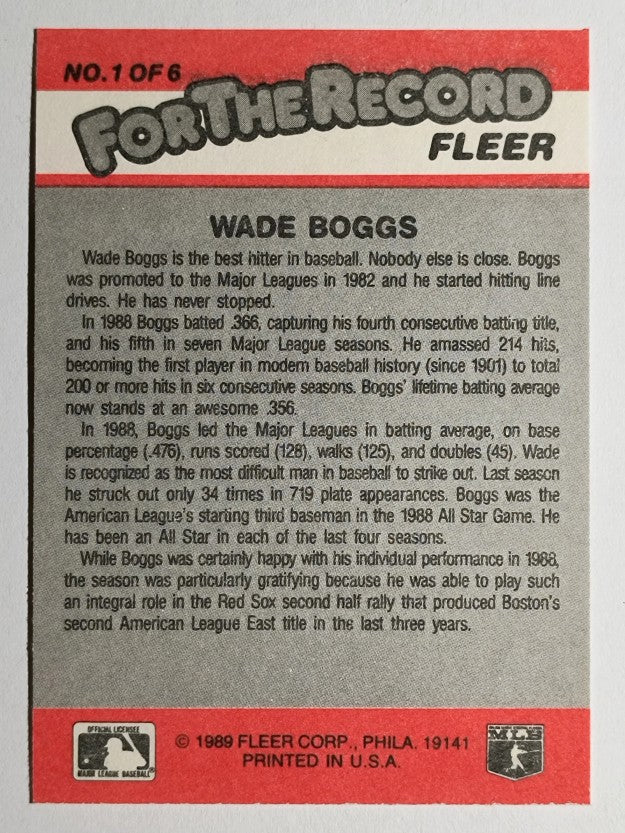 1989 Fleer For The Record #1 Wade Boggs
