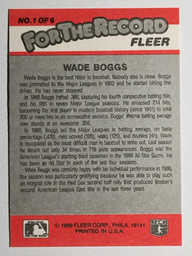 1989 Fleer For The Record #1 Wade Boggs
