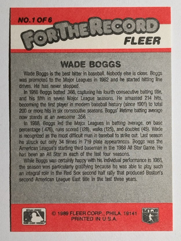 1989 Fleer For The Record #1 Wade Boggs