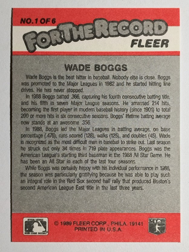 1989 Fleer For The Record #1 Wade Boggs