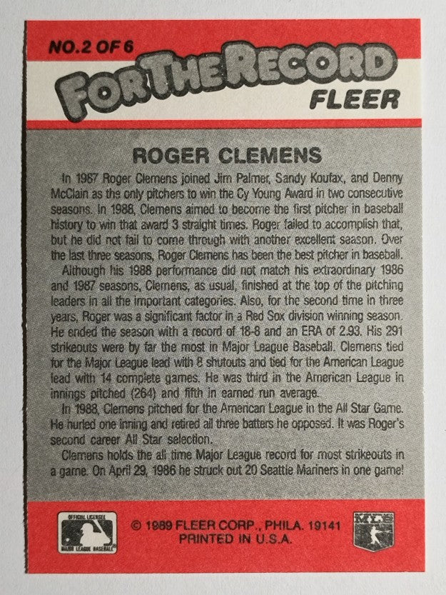 1989 Fleer For The Record #2 Roger Clemens