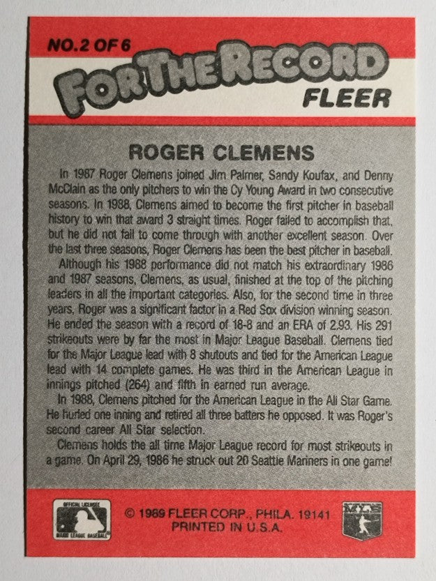 1989 Fleer For The Record #2 Roger Clemens