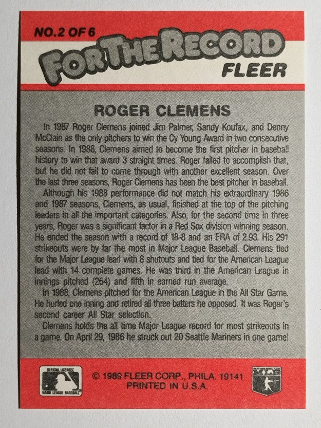 1989 Fleer For The Record #2 Roger Clemens