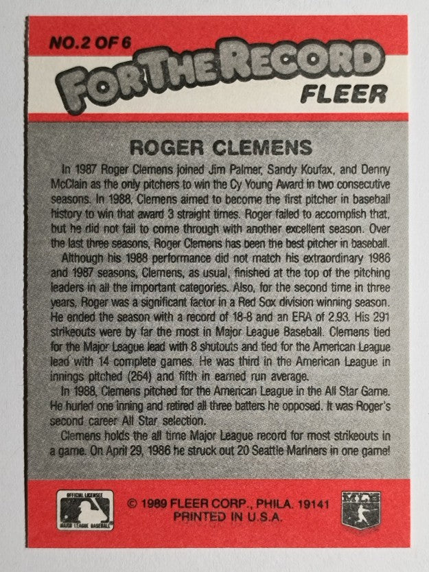 1989 Fleer For The Record #2 Roger Clemens