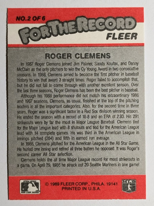 1989 Fleer For The Record #2 Roger Clemens