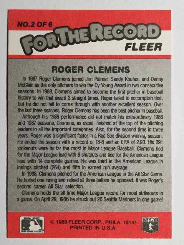 1989 Fleer For The Record #2 Roger Clemens (EXMT)