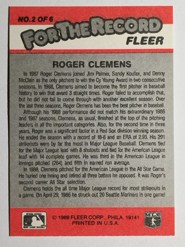 1989 Fleer For The Record #2 Roger Clemens (EXMT)