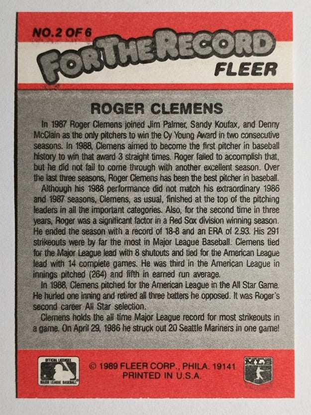 1989 Fleer For The Record #2 Roger Clemens (NM)