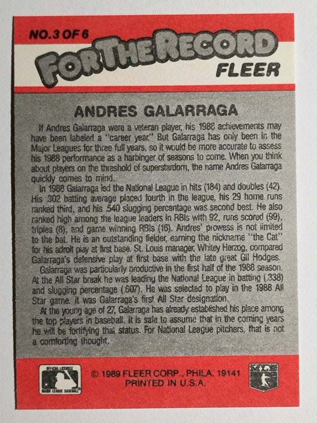 1989 Fleer For The Record #3 Andres Galarraga