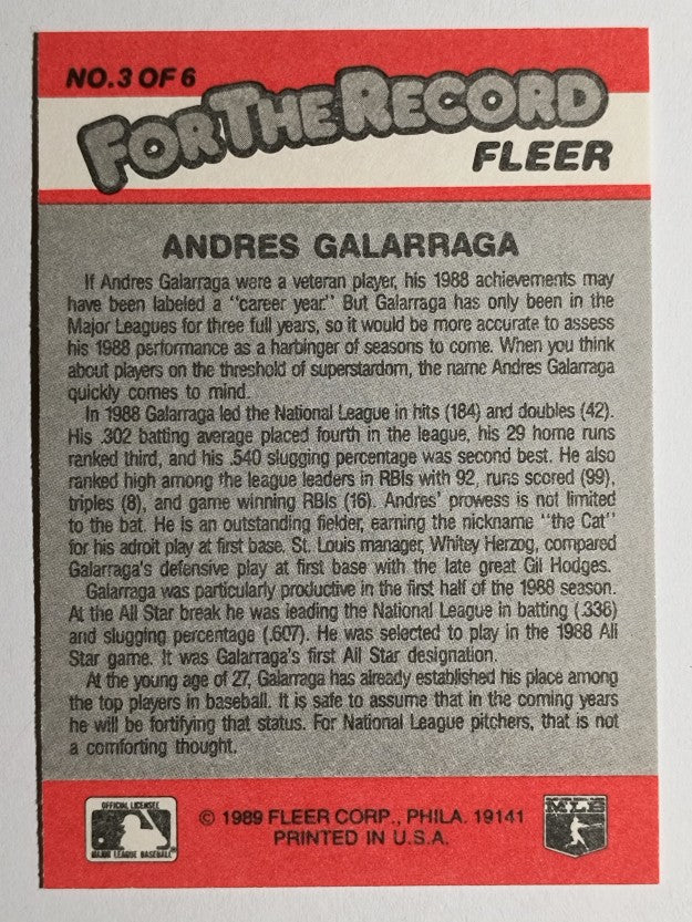 1989 Fleer For The Record #3 Andres Galarraga