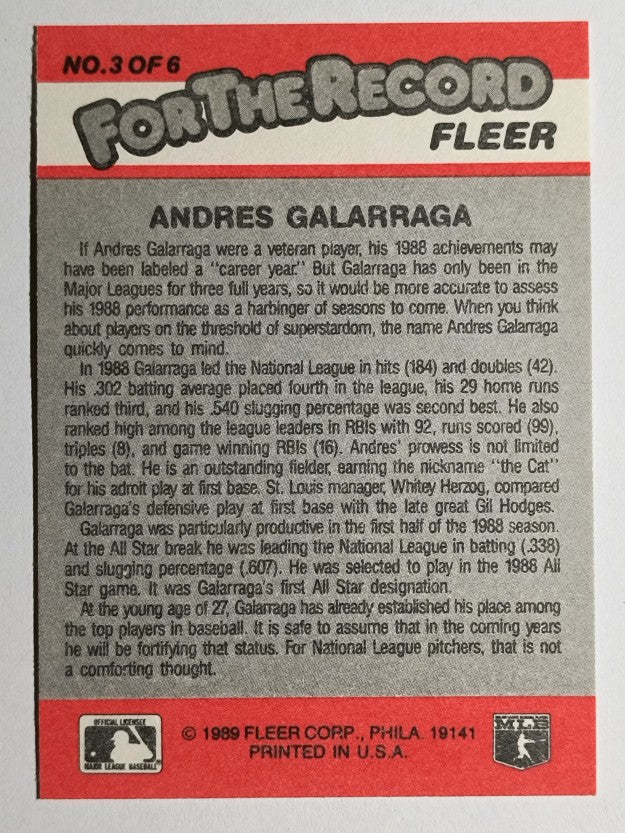 1989 Fleer For The Record #3 Andres Galarraga