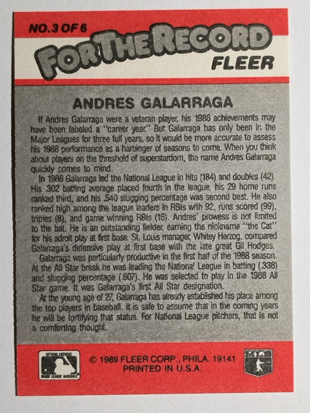 1989 Fleer For The Record #3 Andres Galarraga