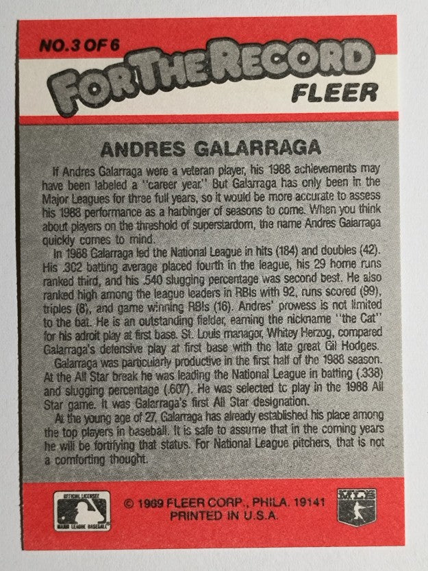1989 Fleer For The Record #3 Andres Galarraga