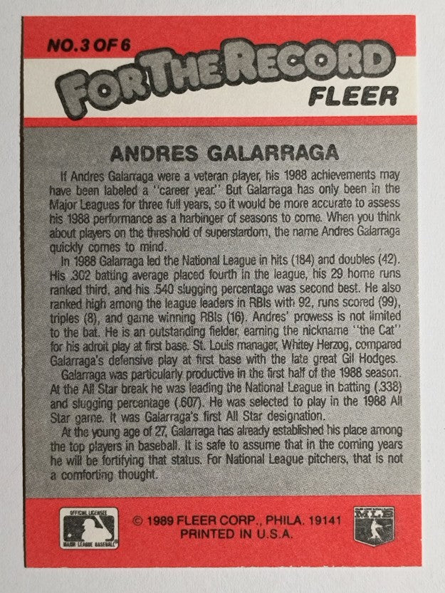 1989 Fleer For The Record #3 Andres Galarraga