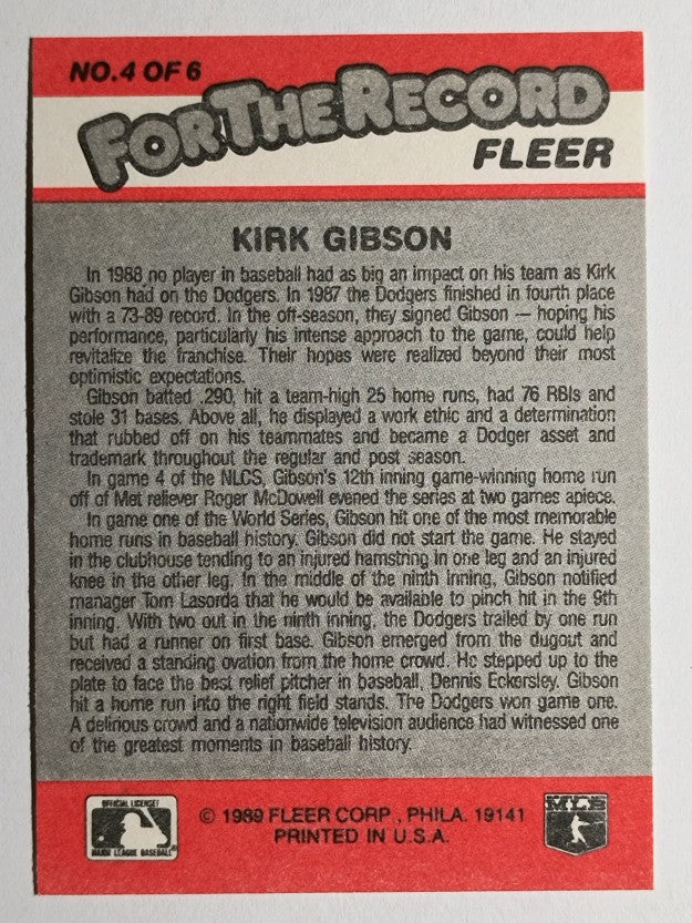 1989 Fleer For The Record #4 Kirk Gibson
