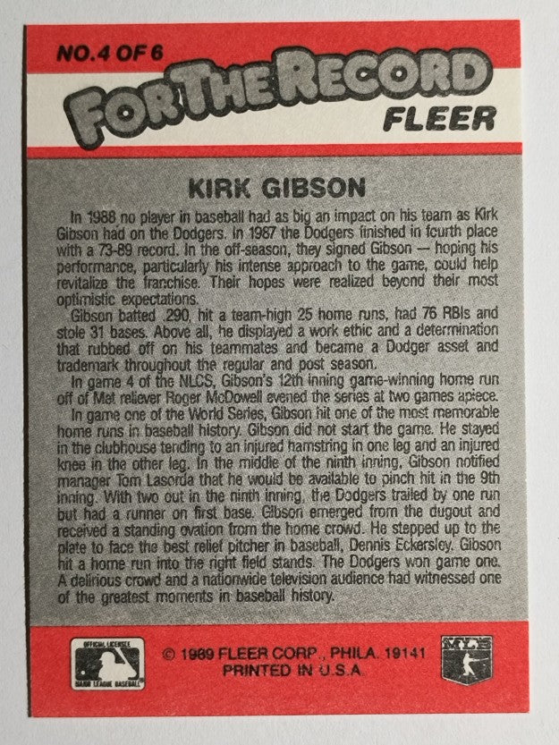 1989 Fleer For The Record #4 Kirk Gibson