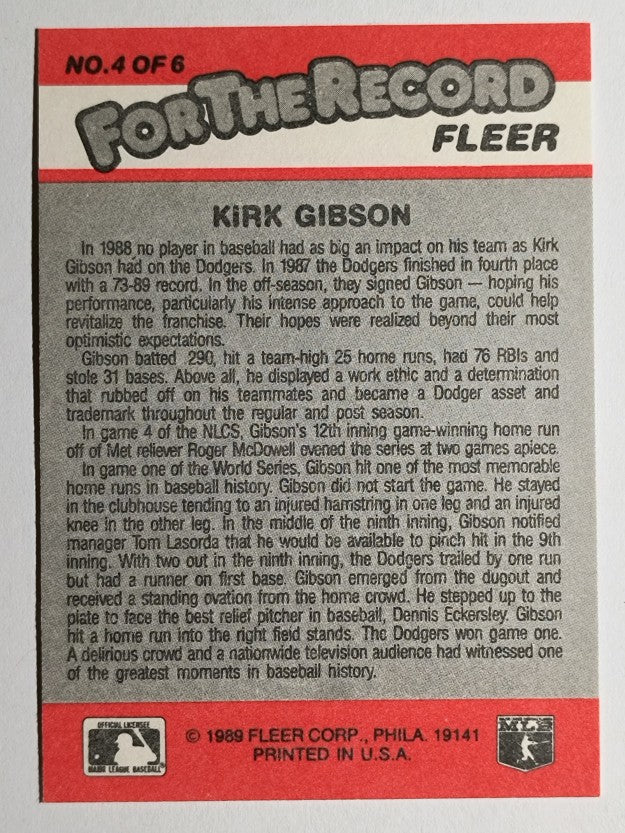 1989 Fleer For The Record #4 Kirk Gibson