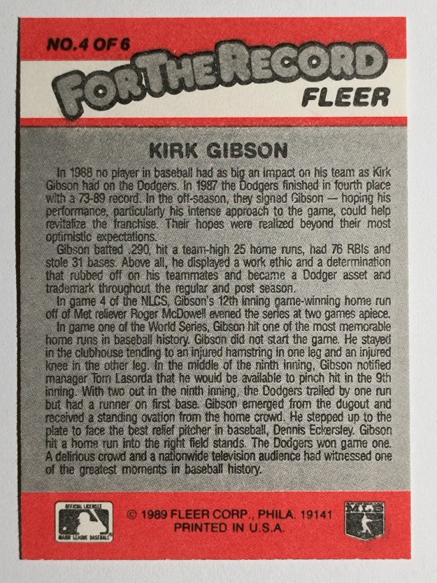 1989 Fleer For The Record #4 Kirk Gibson
