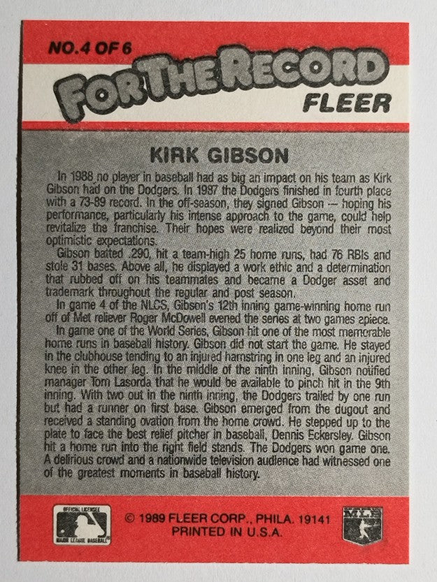 1989 Fleer For The Record #4 Kirk Gibson