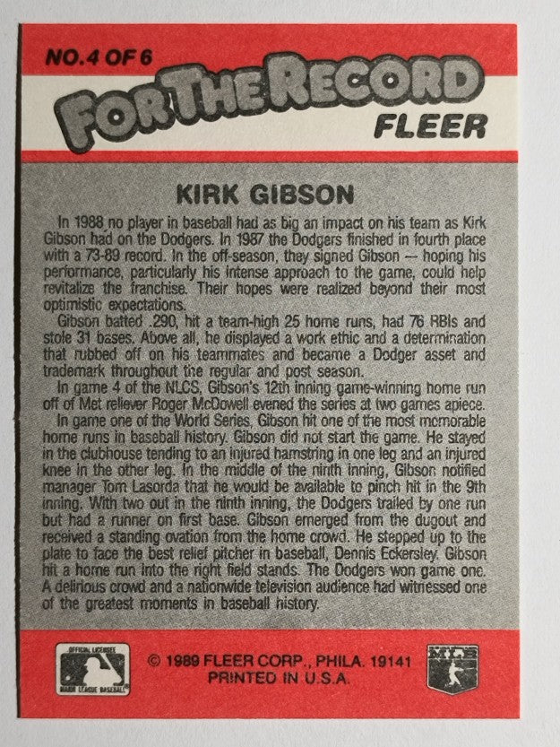 1989 Fleer For The Record #4 Kirk Gibson