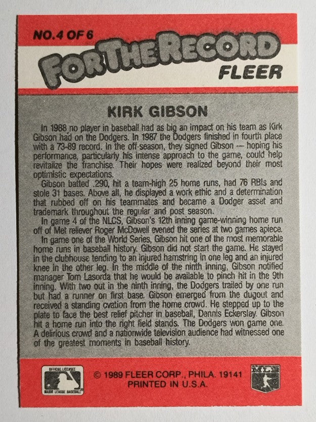 1989 Fleer For The Record #4 Kirk Gibson