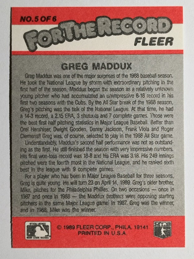 1989 Fleer For The Record #5 Greg Maddux