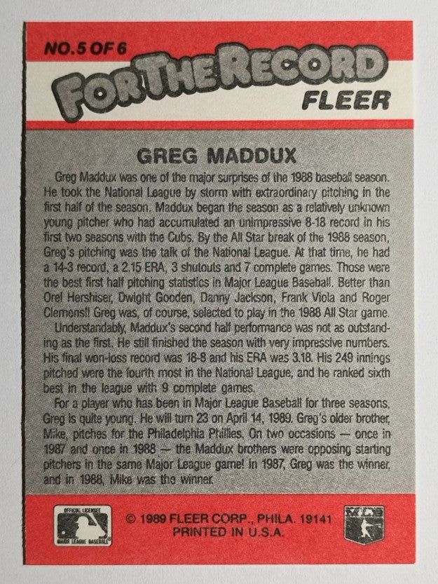 1989 Fleer For The Record #5 Greg Maddux