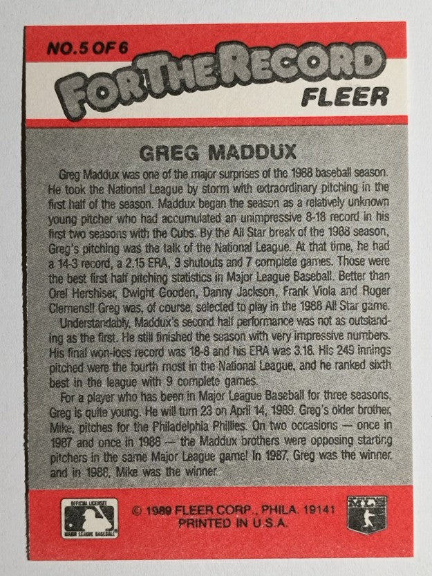 1989 Fleer For The Record #5 Greg Maddux