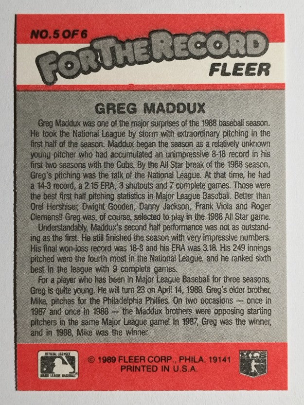 1989 Fleer For The Record #5 Greg Maddux