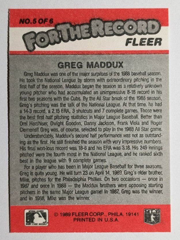 1989 Fleer For The Record #5 Greg Maddux (EXMT)