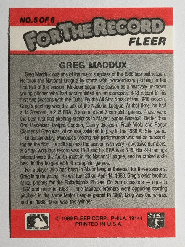 1989 Fleer For The Record #5 Greg Maddux (NM)