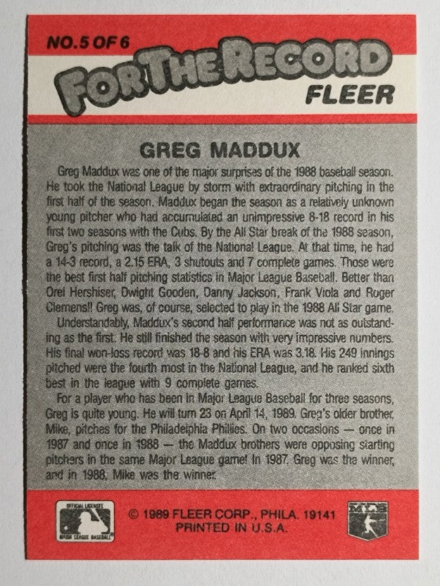 1989 Fleer For The Record #5 Greg Maddux
