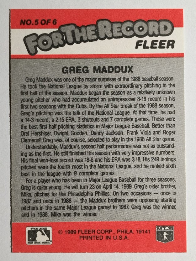 1989 Fleer For The Record #5 Greg Maddux (NM)