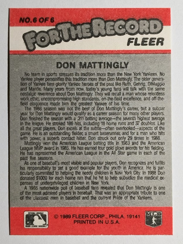 1989 Fleer For The Record #6 Don Mattingly (EXMT)