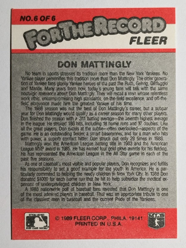 1989 Fleer For The Record #6 Don Mattingly