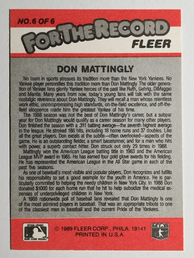1989 Fleer For The Record #6 Don Mattingly