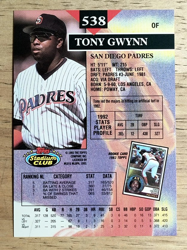 1993 Stadium Club #538 Tony Gwynn