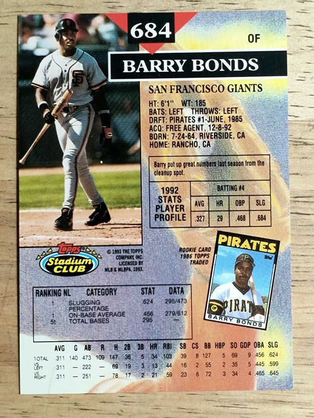 1993 Stadium Club #684 Barry Bonds